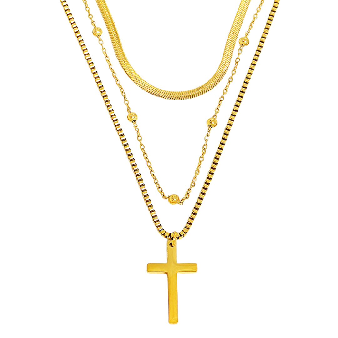 Layered Crucifix Necklace – Stainless Steel with 18K Gold-Plating (3 Layered design)