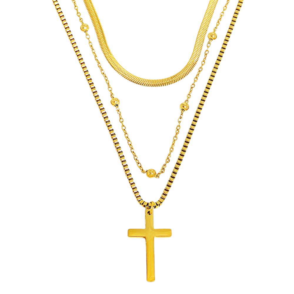 Layered Crucifix Necklace – Stainless Steel with 18K Gold-Plating (3 Layered design)