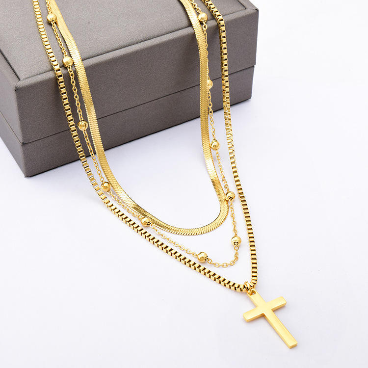 Layered Crucifix Necklace – Stainless Steel with 18K Gold-Plating (3 Layered design)