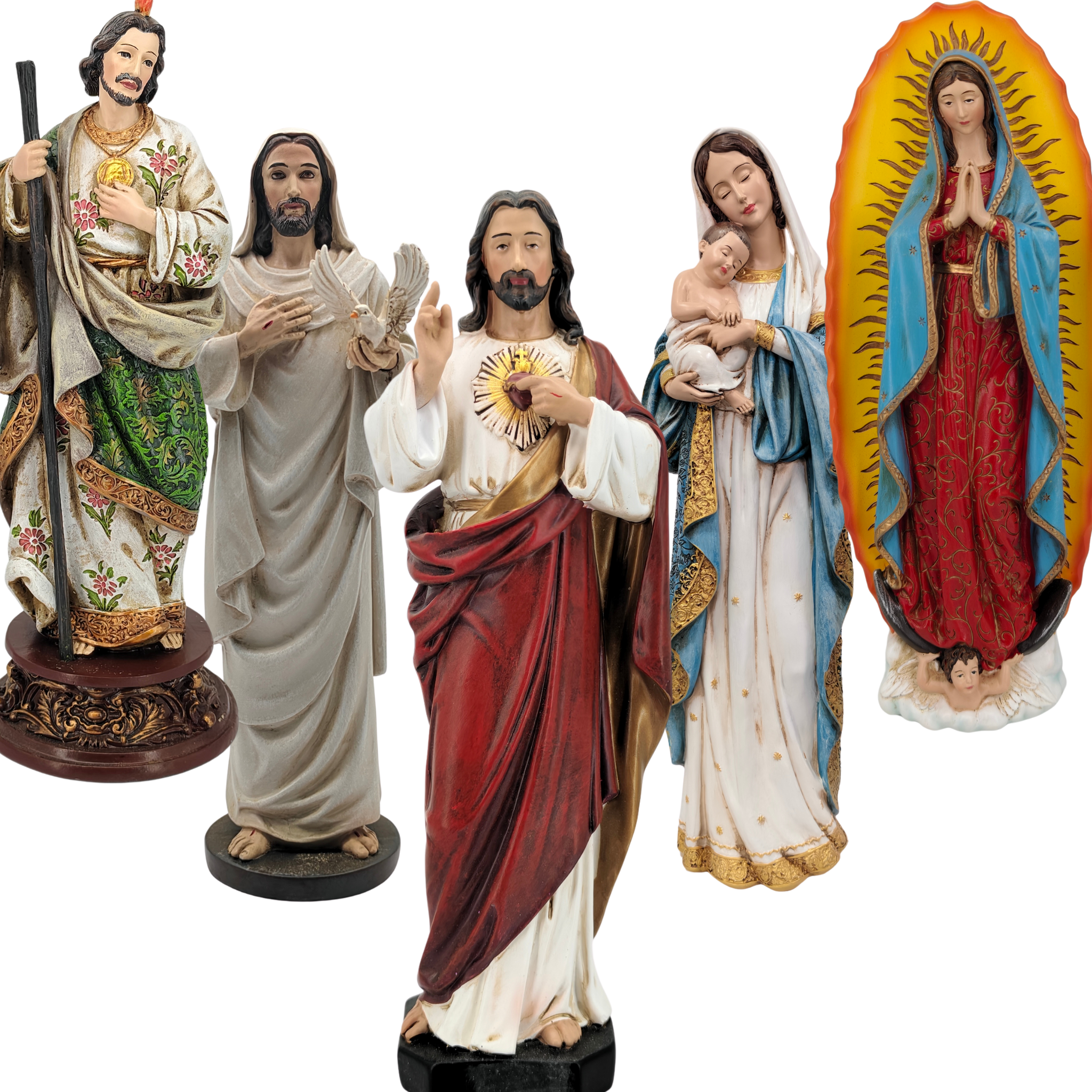 Set of religious statues including Jesus, Mary, and other figures on a white background