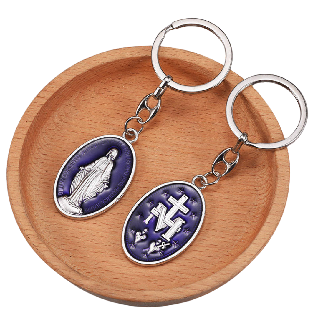 Blue Enamel Miraculous Medal Keychain