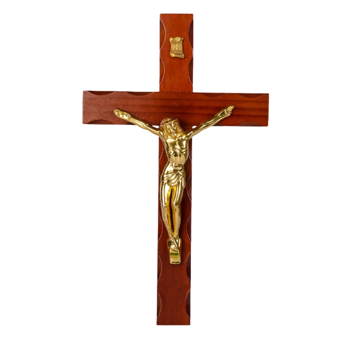 Hanging Wooden Crucifix with Metal Corpus (Large, 30cm) - Gold or Silver Corpus