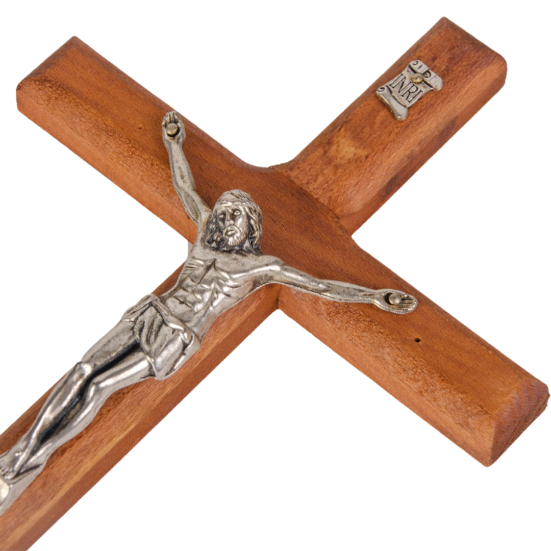 Wooden Wall Crucifix with Silver-Tone Corpus (Medium, 20cm)