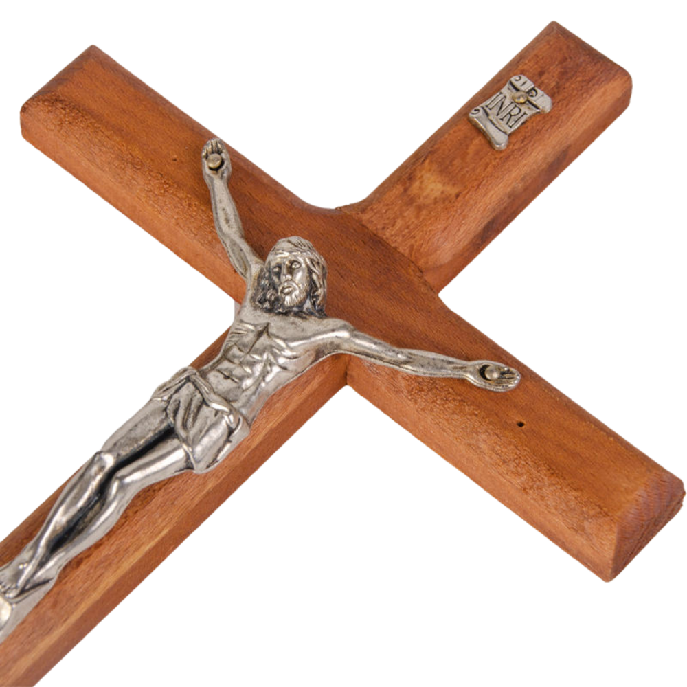 Wooden Wall Crucifix with Silver-Tone Corpus (Medium, 20cm)