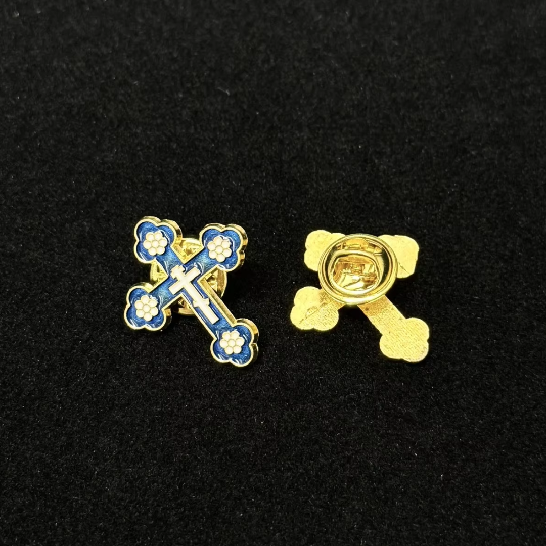 Orthodox Crucifix Brooch – Floral Enamel Design, Assorted Colours (9 Colours available)