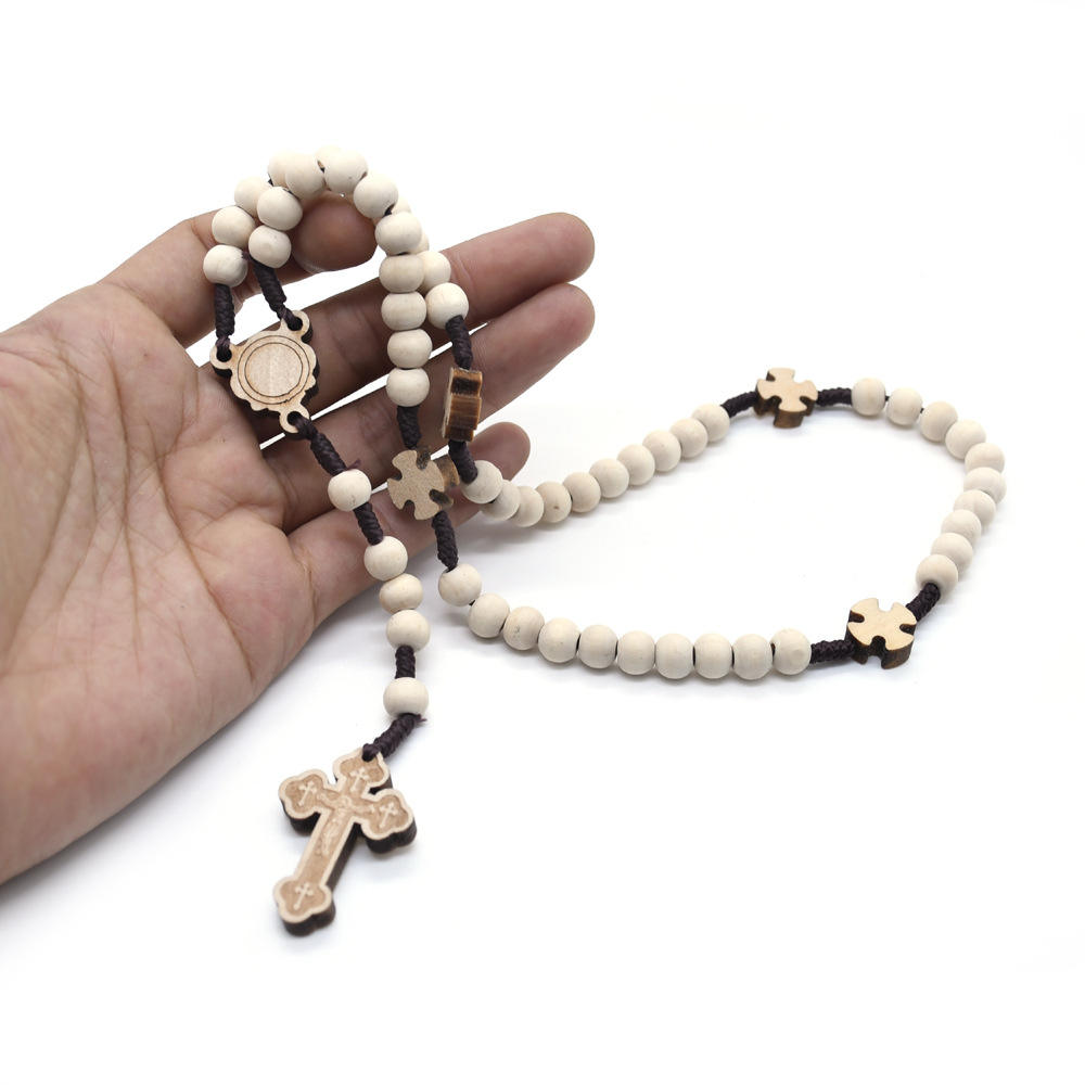 Natural Wooden Beaded Rosary with Crucifix Pendant