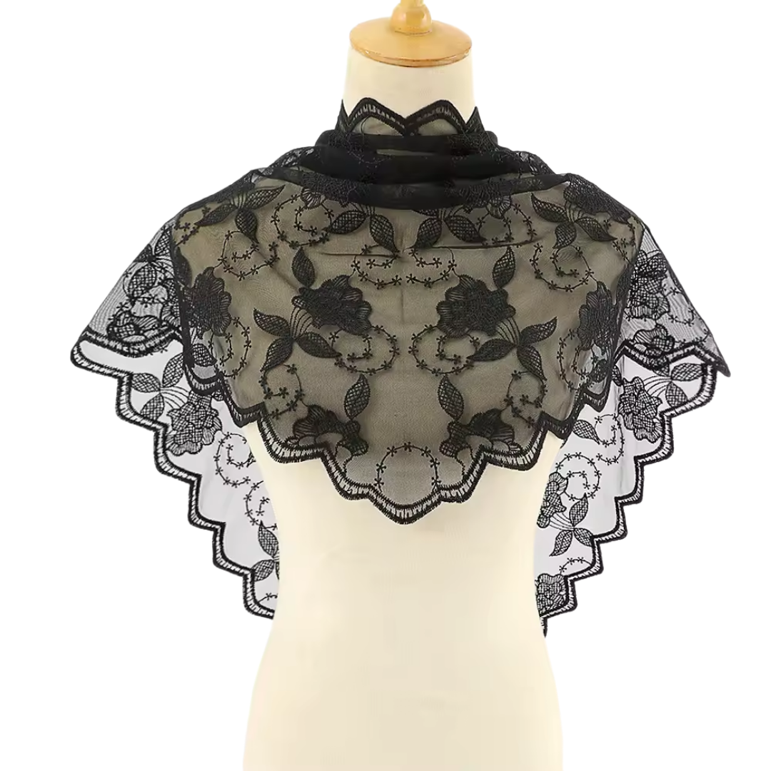 Rose Pattern Embroidered Lace Mantilla Veil - Black or White