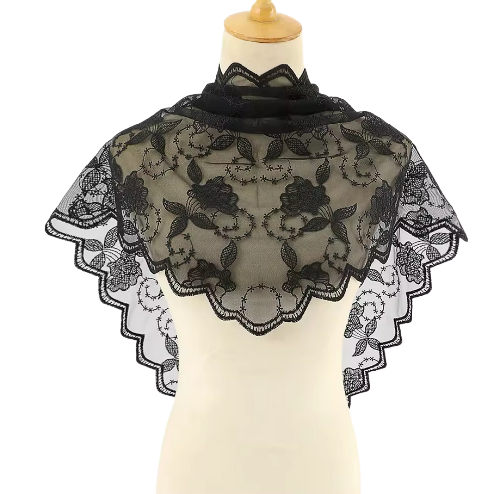 Rose Pattern Embroidered Lace Mantilla Veil - Black or White