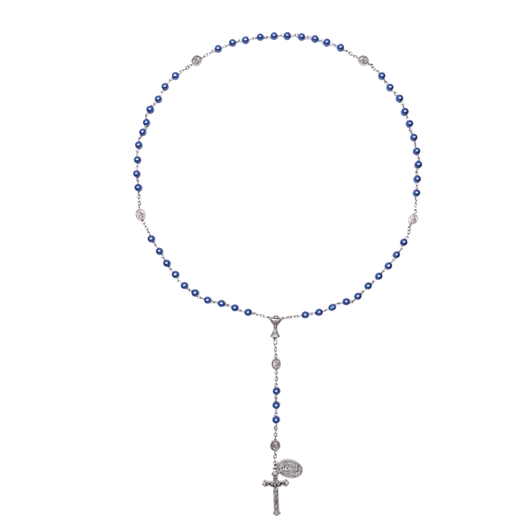 St Michael Blue Pearl Rosary with Crucifix – 6mm Beads