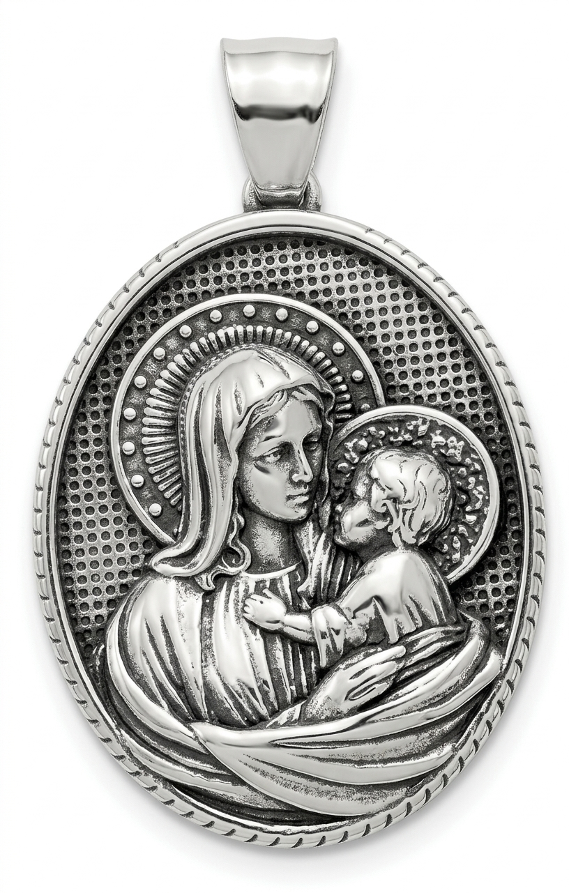 Mary with Baby Jesus Medal Necklace – Silver Stainless Steel (60cm)