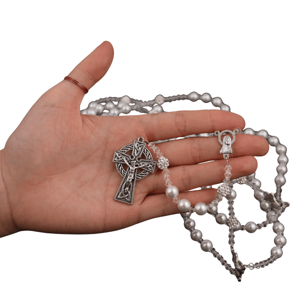 Large Pearl Silver Wedding Lasso Rosary - JMJ Catholic Productsvariant
