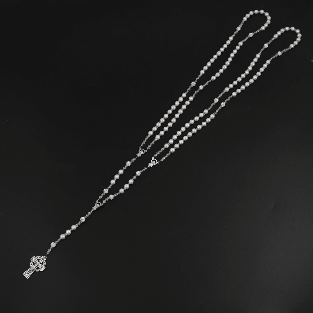 Large Pearl Silver Wedding Lasso Rosary - JMJ Catholic Productsvariant