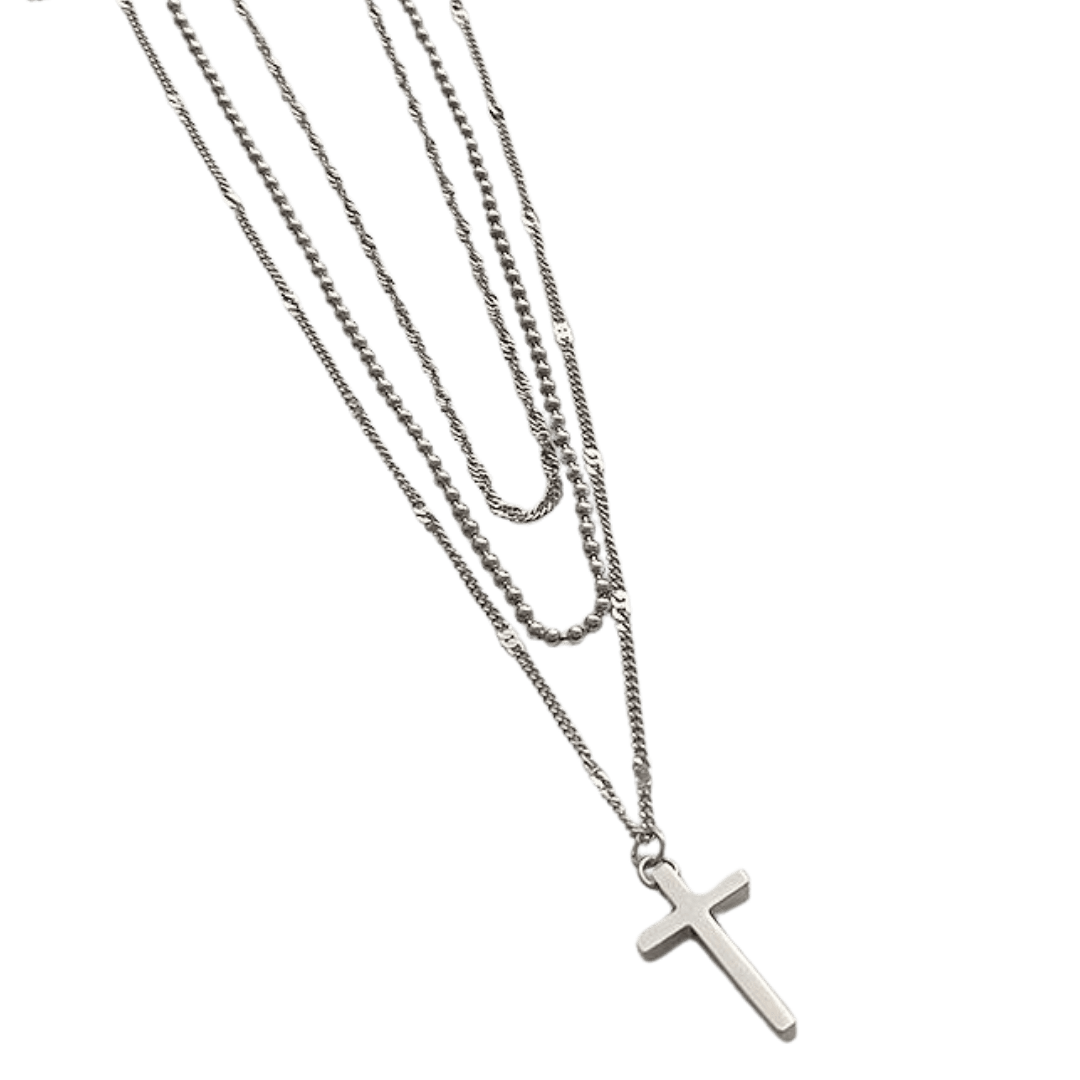 Layered Crucifix Necklace – Stainless Steel with Silver Plating (3 layers)