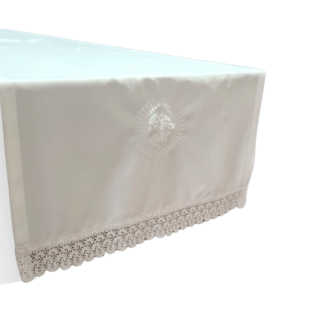 Linen Altar Cloth — Embroidered Crosses & Lace - JMJ Catholic Productsvariant