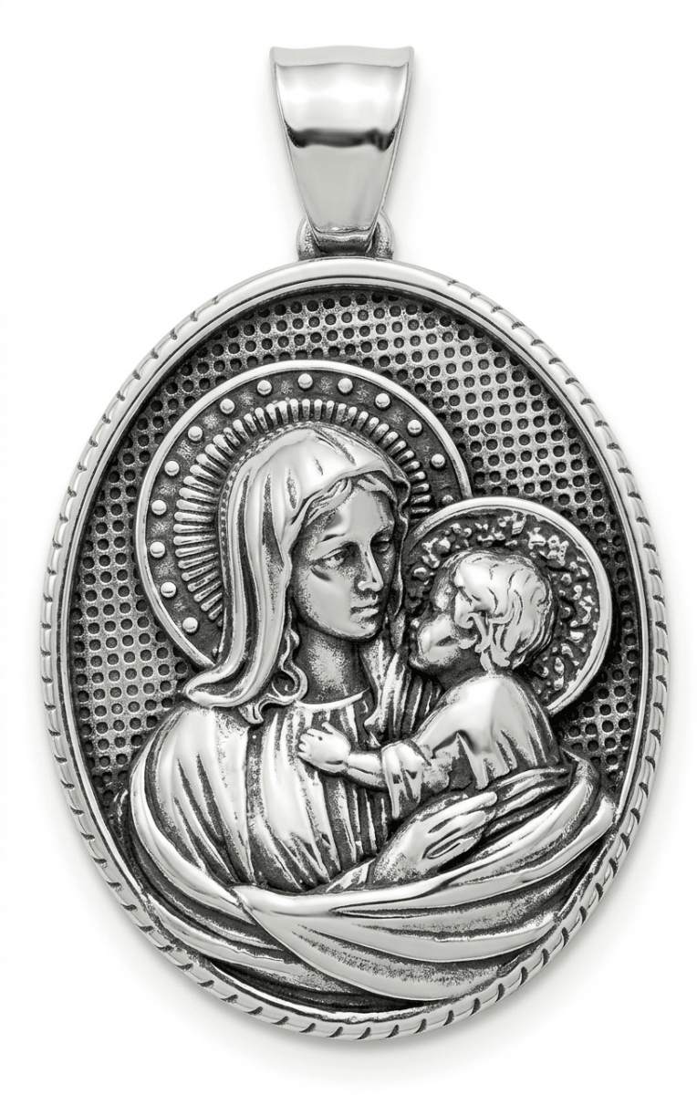 Mary with Baby Jesus Medal Necklace — Silver Stainless Steel - JMJ Catholic Productsvariant