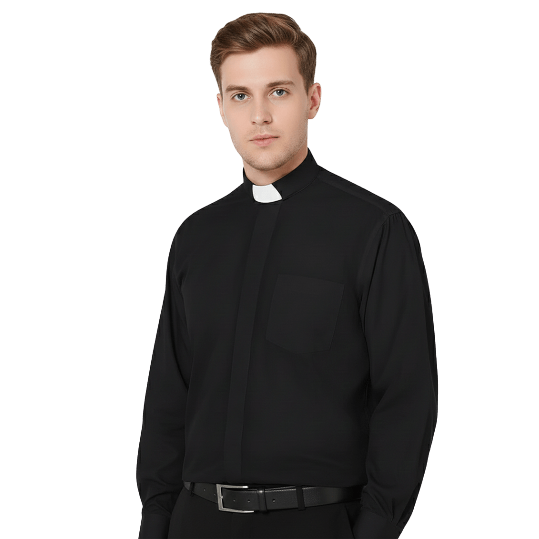 Men's Clergy Shirt — Long Sleeve, Tab Collar, Black (100% Cotton)