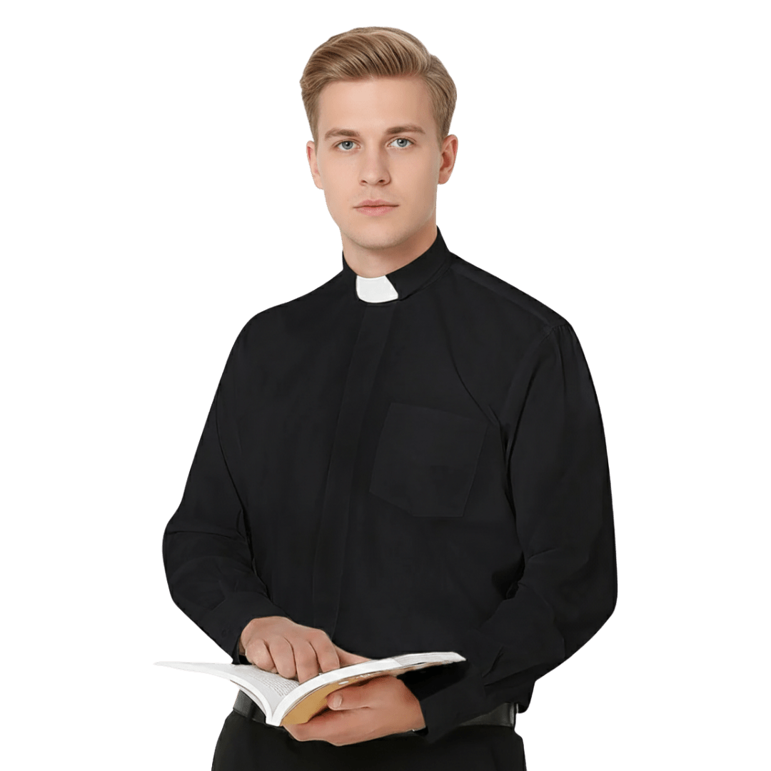 Men's Clergy Shirt — Long Sleeve, Tab Collar, Black (Cotton Blend) - JMJ Catholic Productsvariant