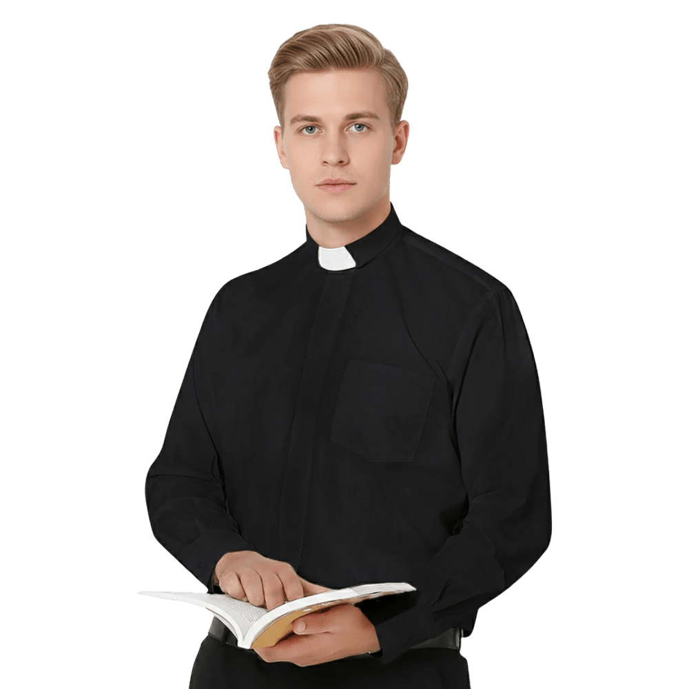 Men's Clergy Shirt — Long Sleeve, Tab Collar, Black (Cotton Blend) - JMJ Catholic Productsvariant