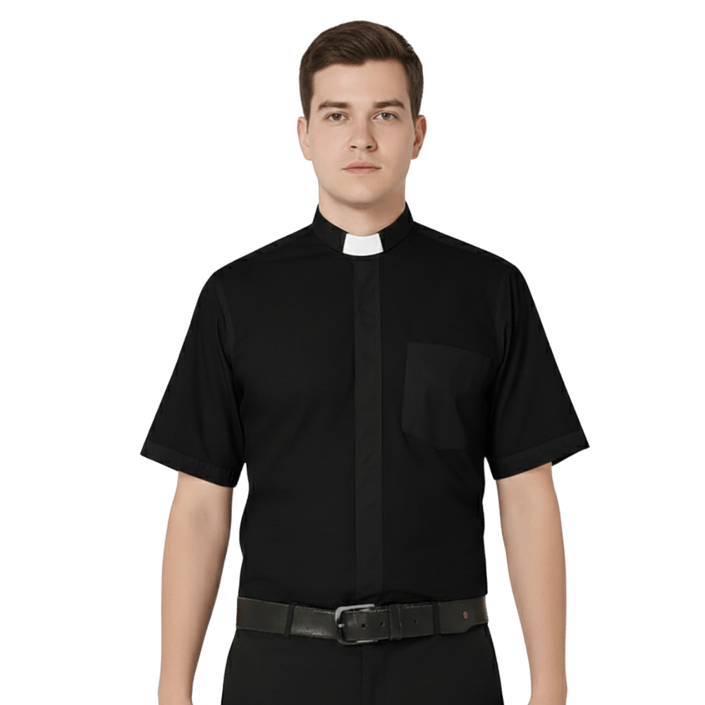 Men's Clergy Shirt — Short Sleeve, Tab Collar, Black (100% Cotton) - JMJ Catholic Productsvariant