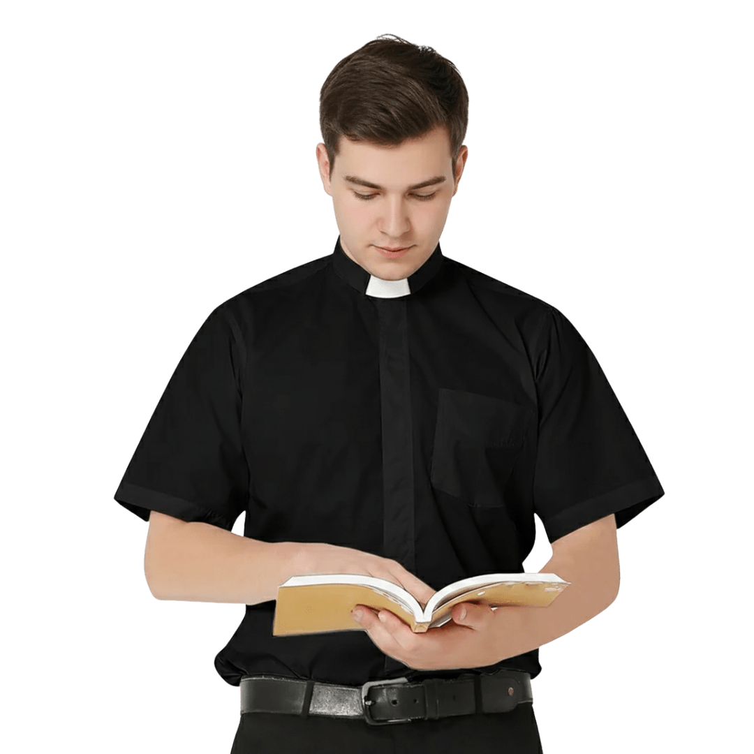 Men's Clergy Shirt — Short Sleeve, Tab Collar, Black (Cotton Blend) - JMJ Catholic Productsvariant
