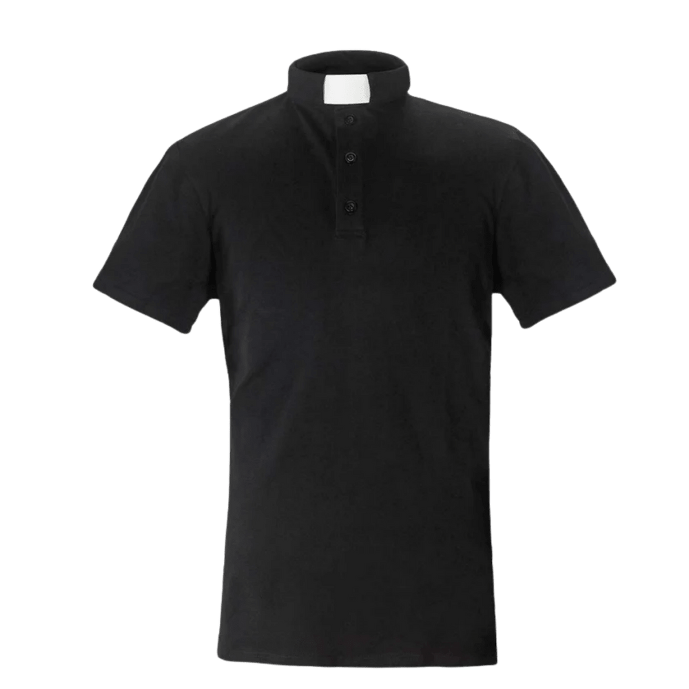 Men's Traditional Clergy Polo Shirt — Short Sleeve, Tab Collar, Black (100% Cotton) - JMJ Catholic Productsvariant