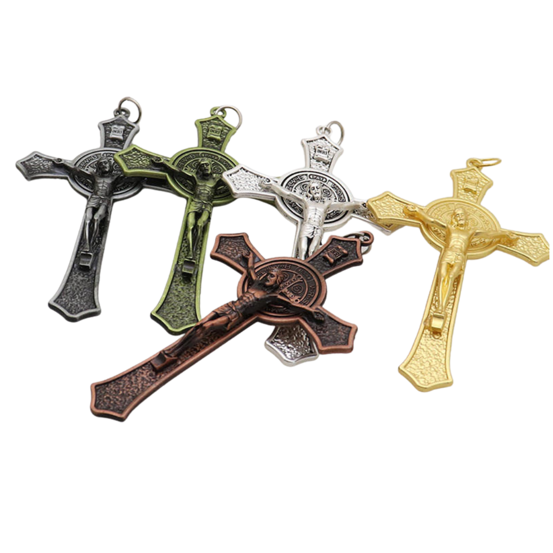 Metal Crucifix Pendant with St. Benedict Medal - Available in 4 Colours - JMJ Catholic Productsvariant
