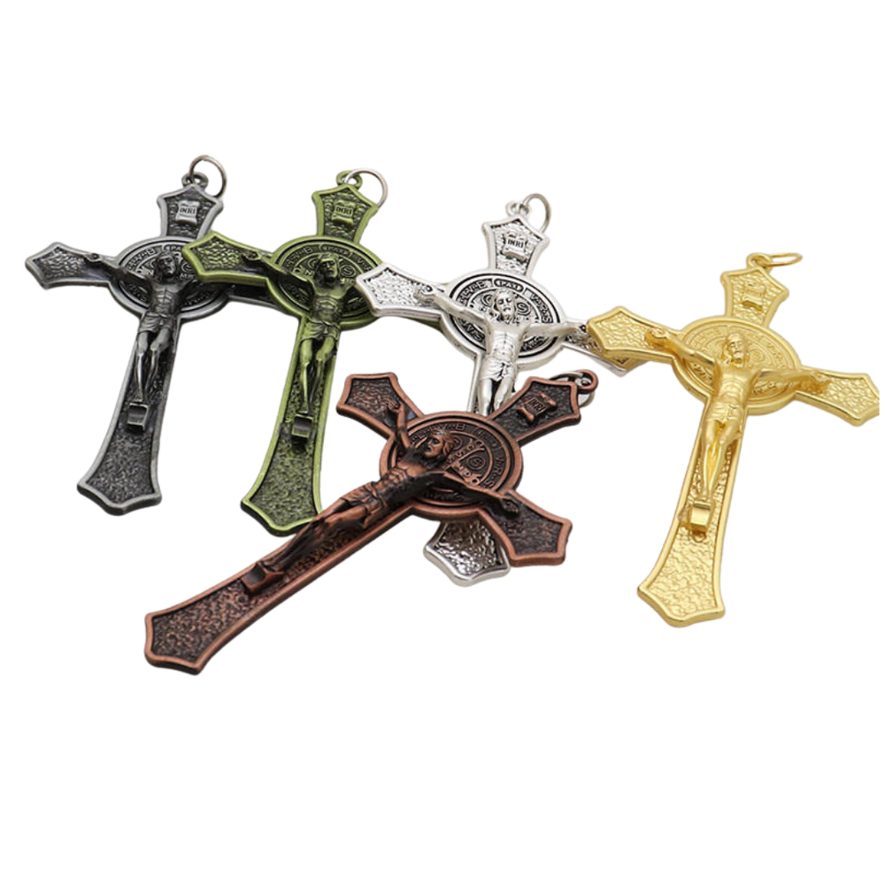 Metal Crucifix Pendant with St. Benedict Medal - Available in 4 Colours - JMJ Catholic Productsvariant