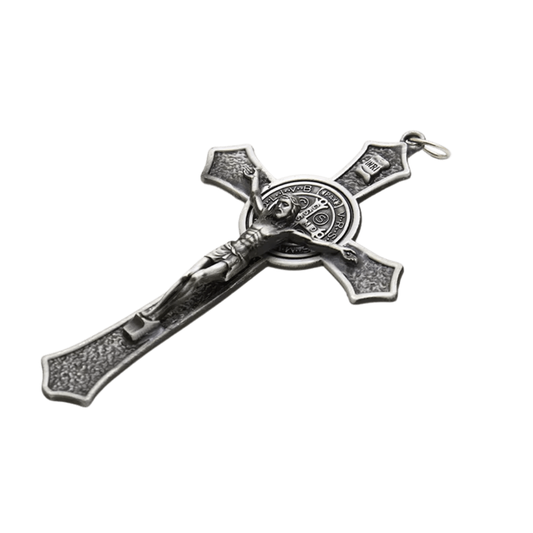 Metal Crucifix Pendant with St. Benedict Medal - Available in 4 Colours - JMJ Catholic Productsvariant