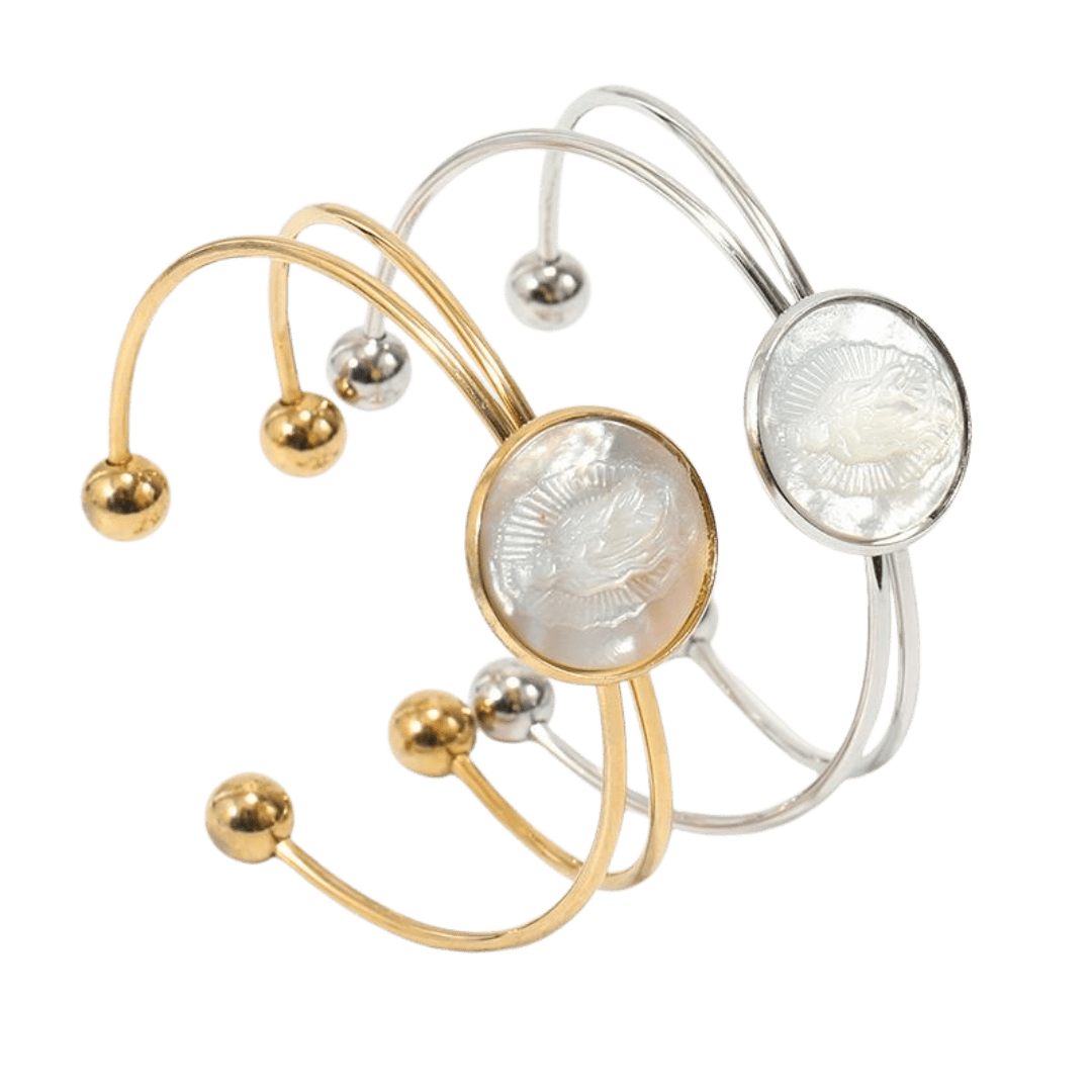 Mother-of-Pearl Virgin Mary Guadalupe Bangle – Gold and Silver - JMJ Catholic Productsvariant