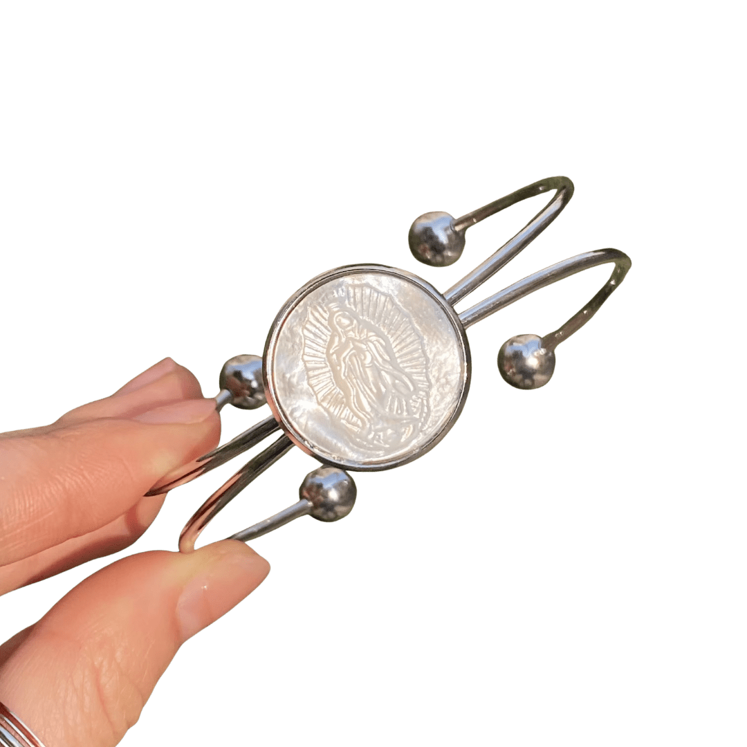 Mother-of-Pearl Virgin Mary Guadalupe Bangle – Gold and Silver - JMJ Catholic Productsvariant