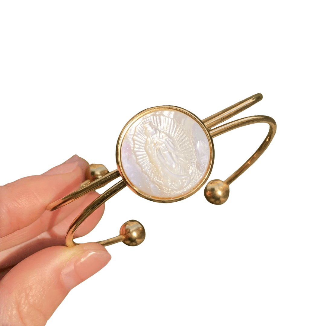 Mother-of-Pearl Virgin Mary Guadalupe Bangle – Gold and Silver - JMJ Catholic Productsvariant