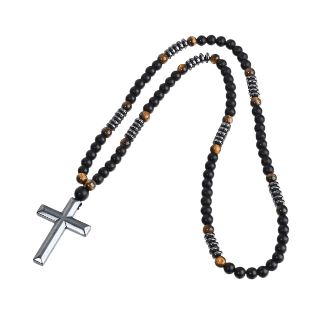 Obsidian and Tiger Eye, Beaded Crucifix Necklace – 8mm Natural Stone Beads