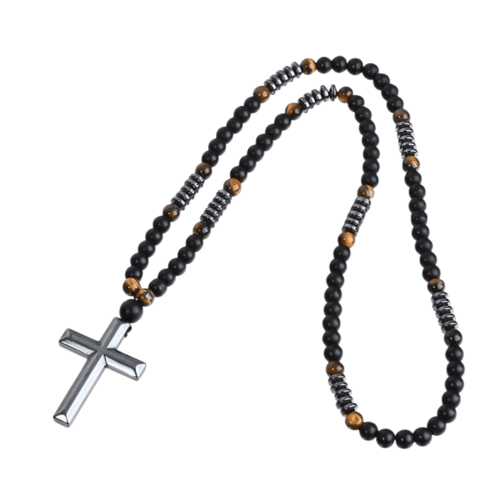 Obsidian and Tiger Eye, Beaded Crucifix Necklace – 8mm Natural Stone Beads - JMJ Catholic Productsvariant