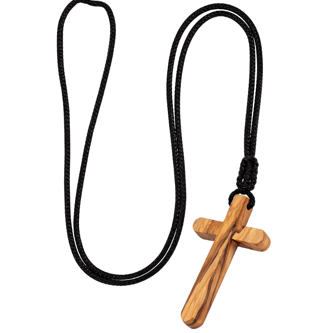 Olive Wood Crucifix Pendant Necklace — Natural Wood with Black Rope