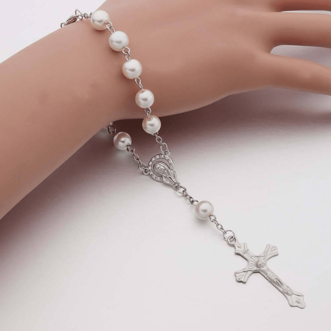 One-Decade White Pearl & Crystal Rosary Bracelet - JMJ Catholic Productsvariant