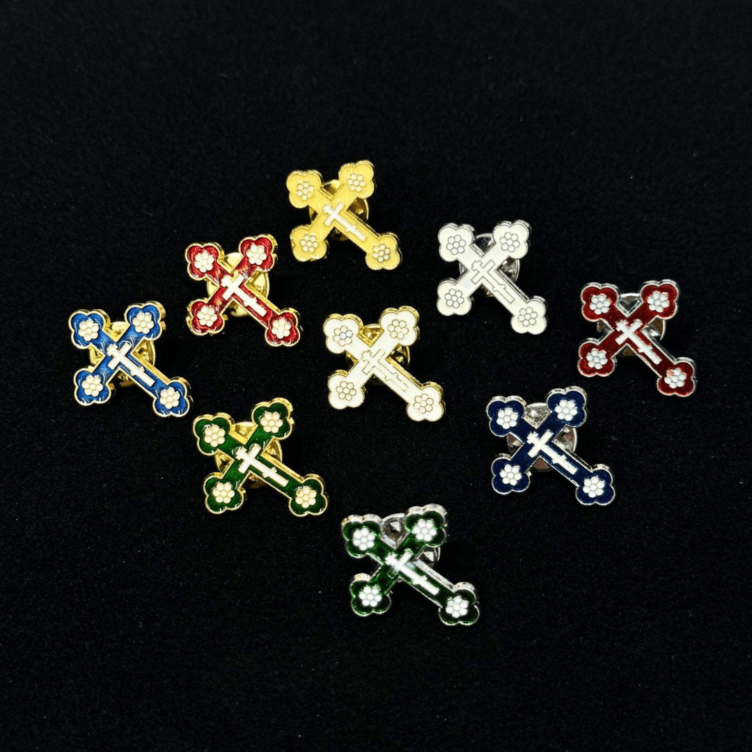 Orthodox Crucifix Brooch – Floral Enamel Design, Assorted Colours (9 Colours available) - JMJ Catholic Productsvariant
