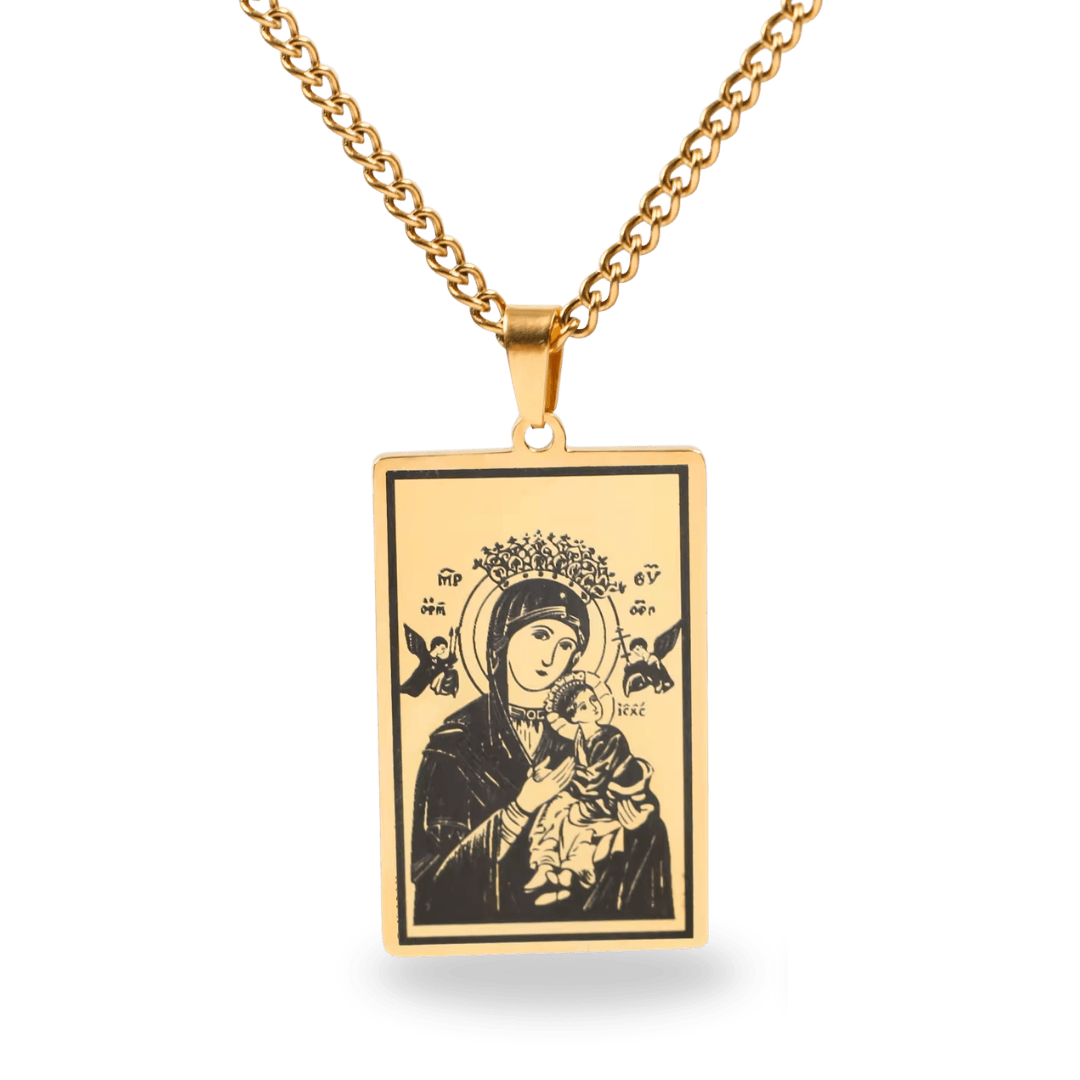Our Lady and Child Gold-Plated Medal Scapular Necklace — Rectangular Design