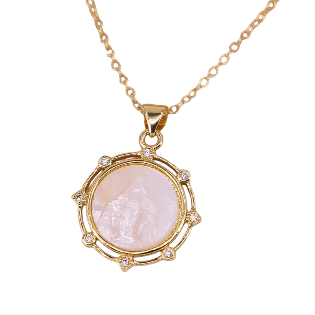Our Lady of Grace, Mother-of-Pearl Medal Necklace – Zircon Detail & Gold Plating