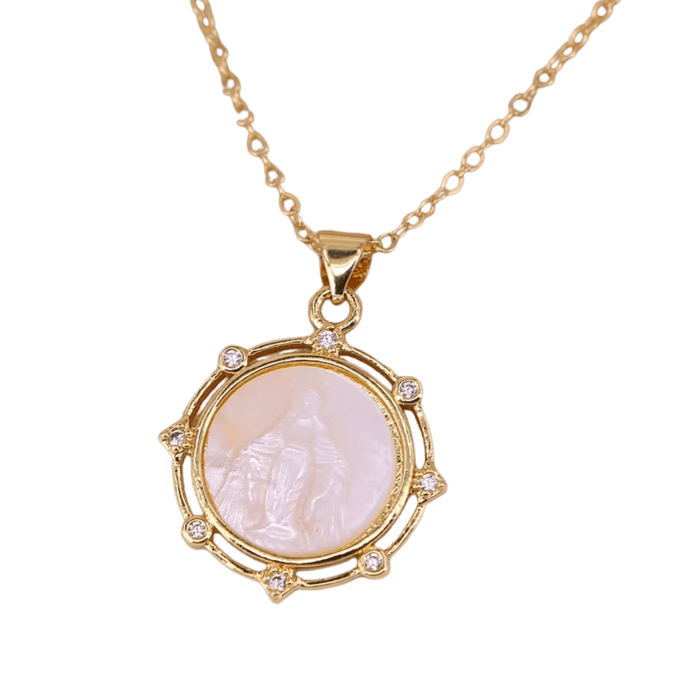 Our Lady of Grace, Mother-of-Pearl Medal Necklace – Zircon Detail & Gold Plating - JMJ Catholic Productsvariant