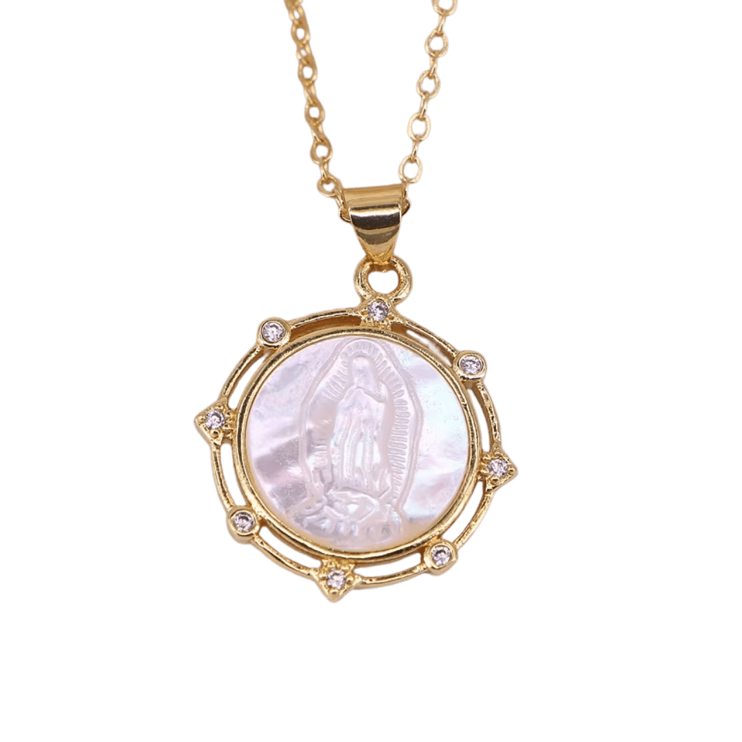 Our Lady of Guadalupe, Mother-of-Pearl Medal Necklace – Zircon Detail & Gold Plating