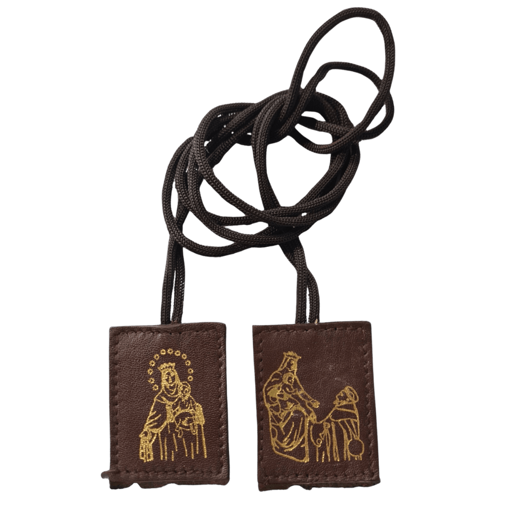 Our Lady of Mt. Carmel Leather Scapular — Brown, Wool Back - JMJ Catholic Productsvariant