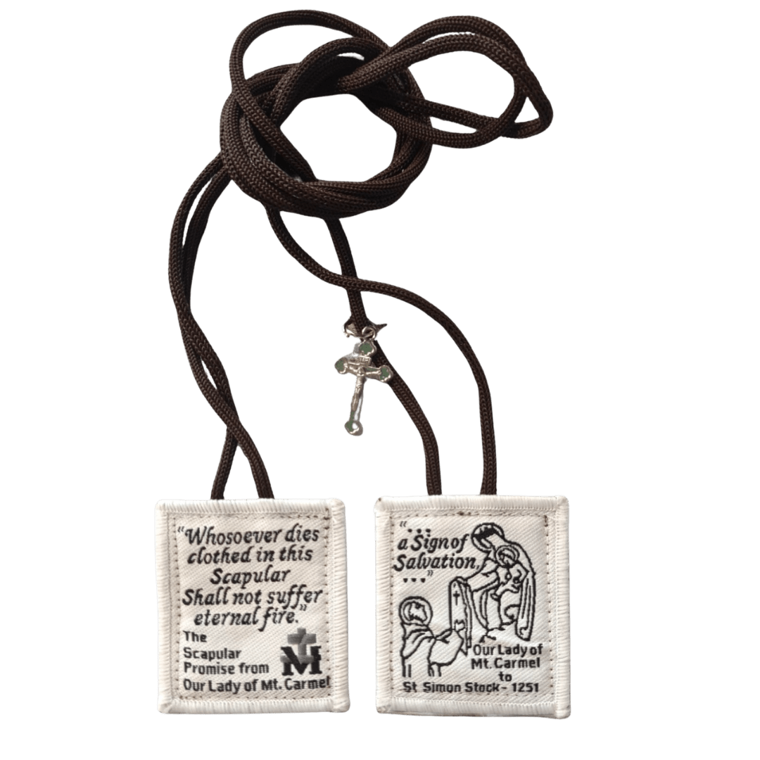 Our Lady of Mt. Carmel Scapular — White & Brown, with Crucifix - JMJ Catholic Productsvariant