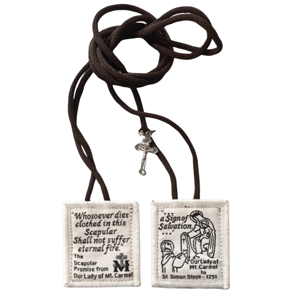 Our Lady of Mt. Carmel Scapular — White & Brown, with Crucifix - JMJ Catholic Productsvariant