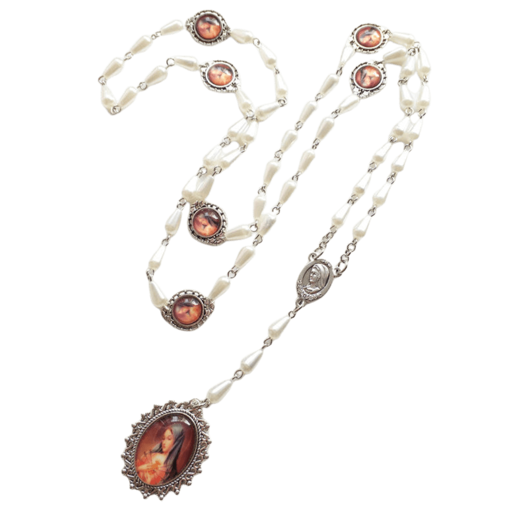 Our Lady White Rosary with Teardrop Beads