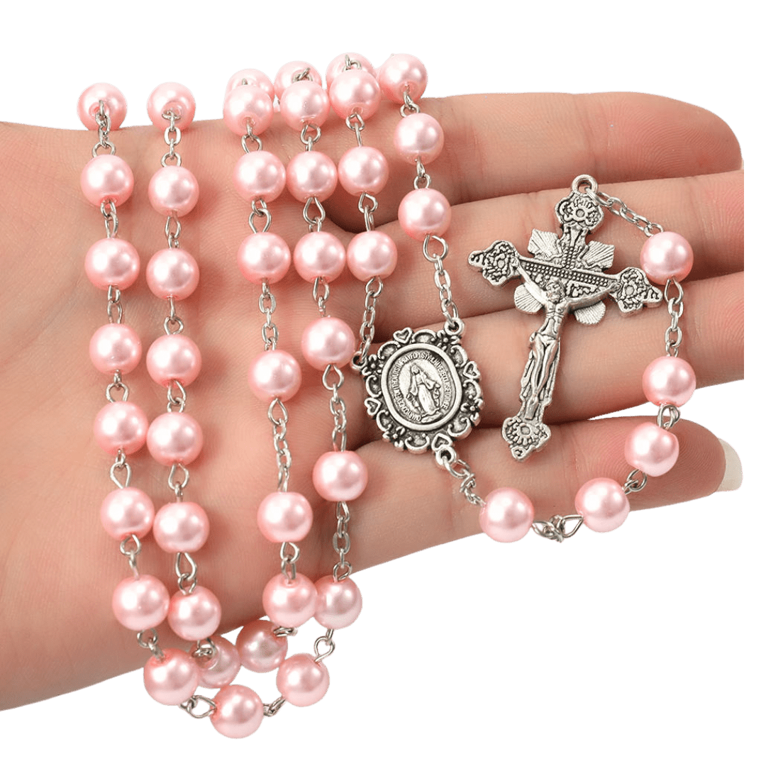 Pink Glass Pearl Bead Rosary - JMJ Catholic Productsvariant