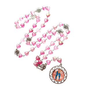 Pink heart bead rosary with Virgin Mary medal