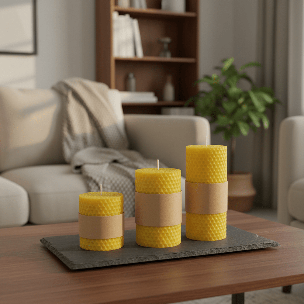 Pure Beeswax Honeycomb Devotional Pillar Candle — Hand-Rolled (3 Sizes) - JMJ Catholic Productsvariant
