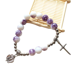 Purple marbled glass bead crucifix rosary bracelet