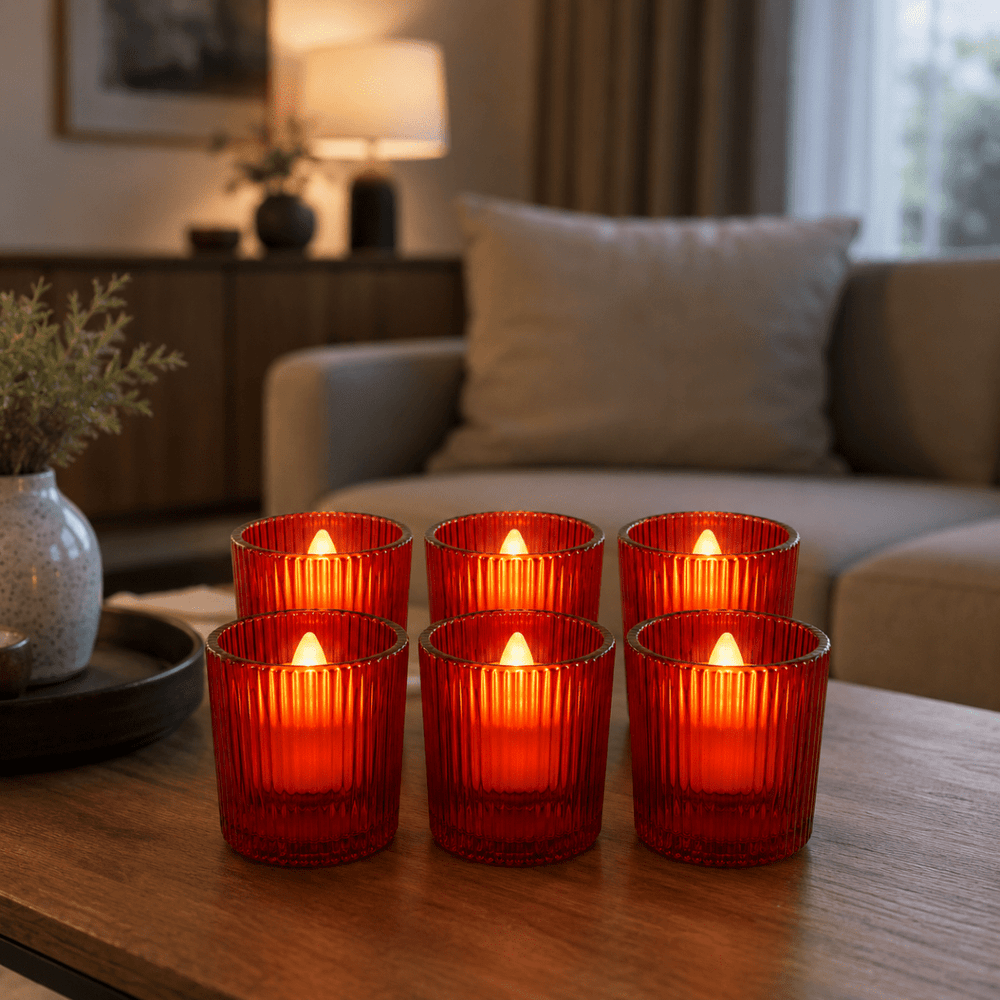 Red Glass Flameless LED Votive Candles — Realistic Warm Glow (Pack of 6) - JMJ Catholic Productsvariant