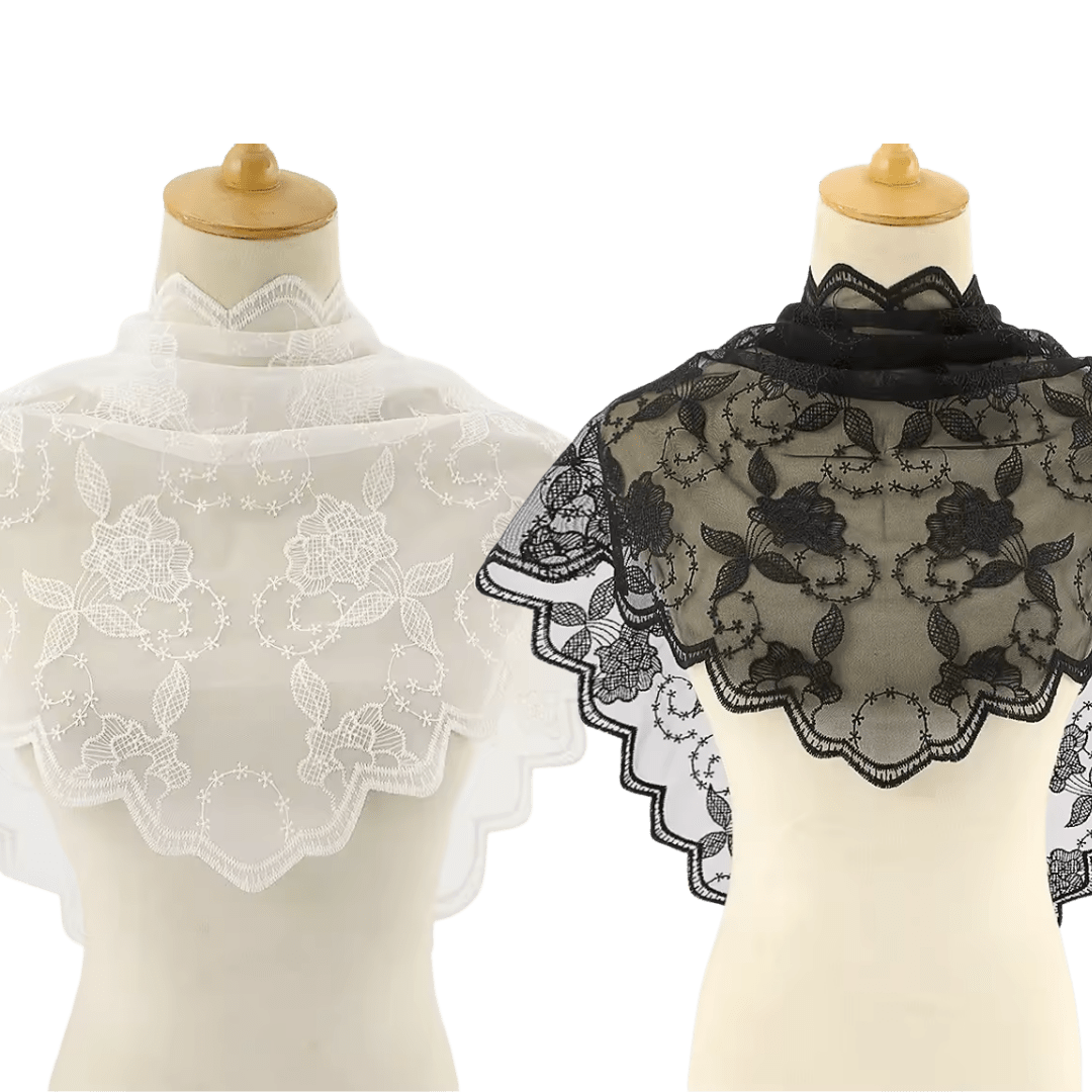 Rose Pattern Embroidered Lace Mantilla Veil — Black or White - JMJ Catholic Productsvariant